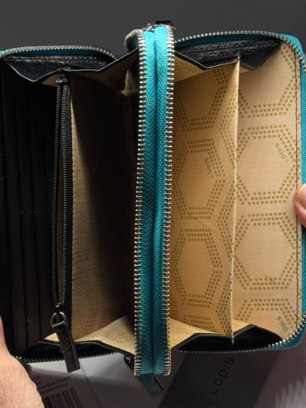 LODIS Black Leather Double Zip Wristlet Wallet Teal & Black Silver Hardware NWT - Picture 13 of 14